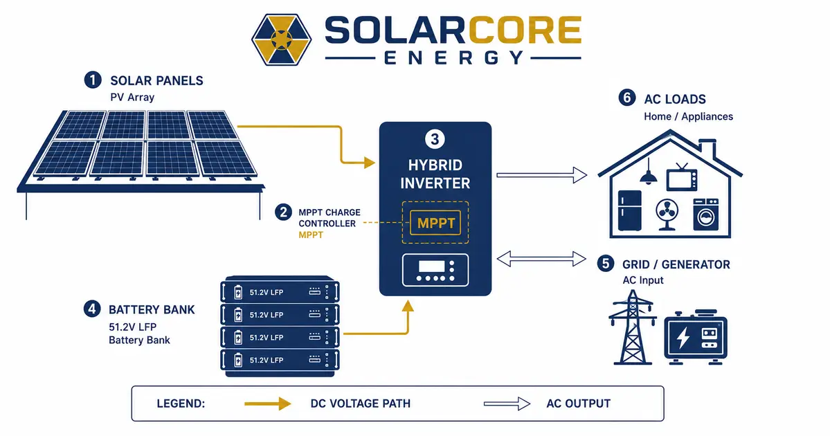 Solar hybrid inverter system diagram showing three power inputs