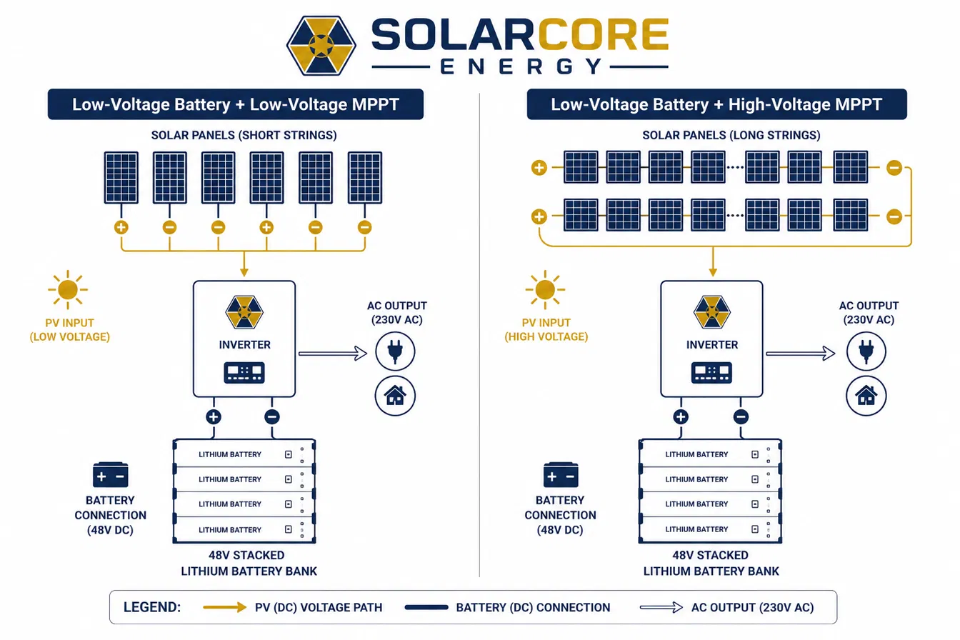 Low-voltage vs high-voltage solar system comparison diagram